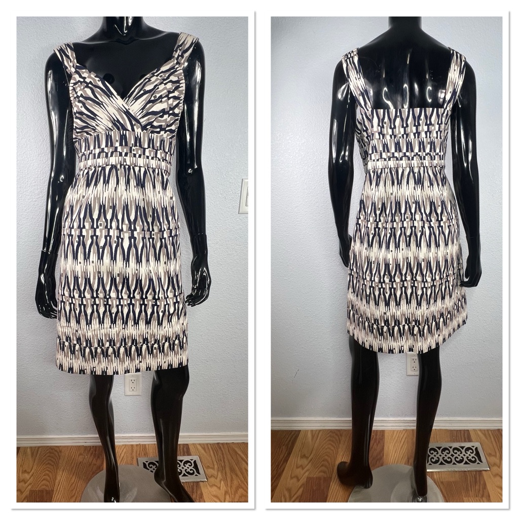 Ann Taylor Empire Knee Length Dress Sz 12 Blue Tan & Cream Cotton Blend Nwt